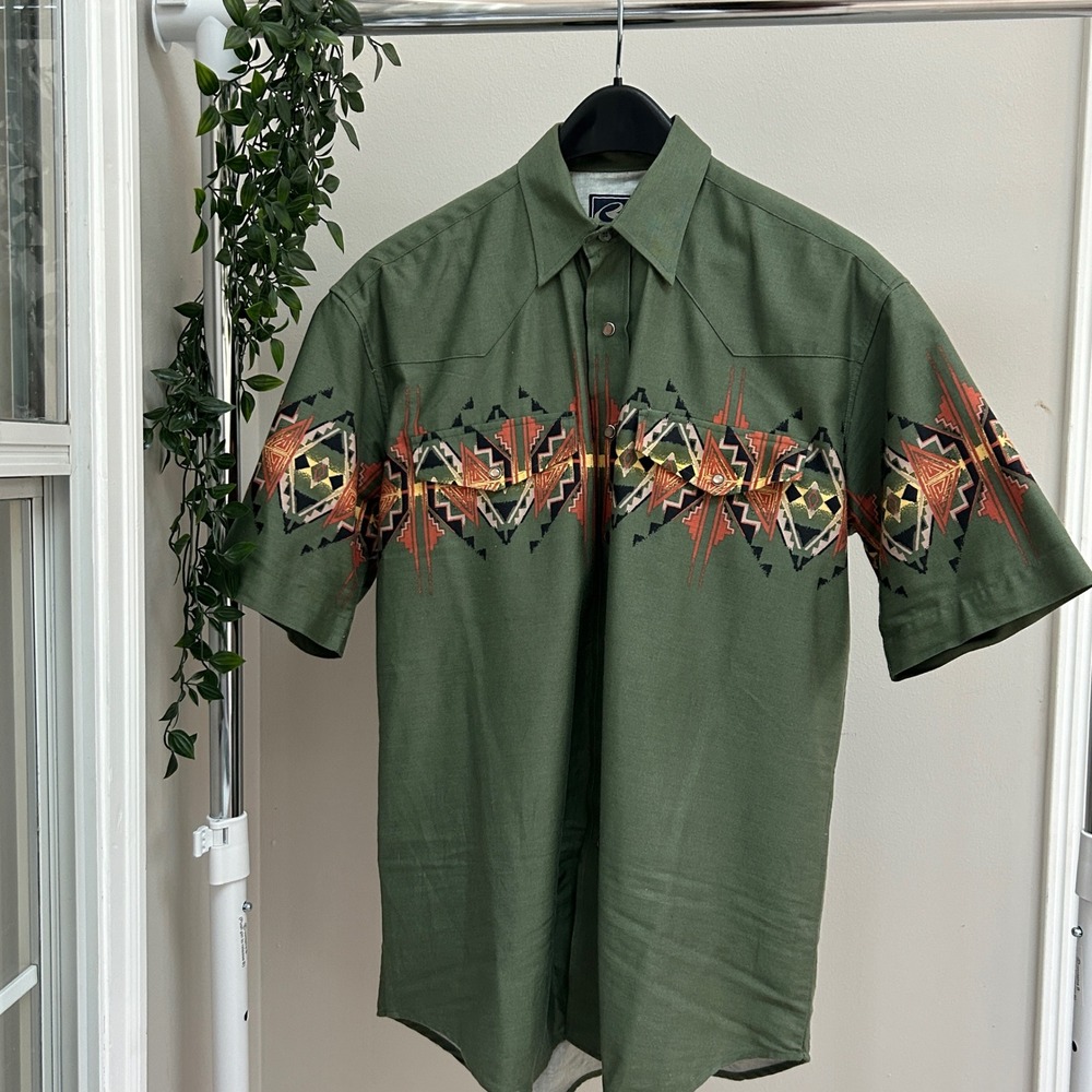 Gently Used Roper Mens Green Geometric Aztec Pearl Snap Western Shirt Small